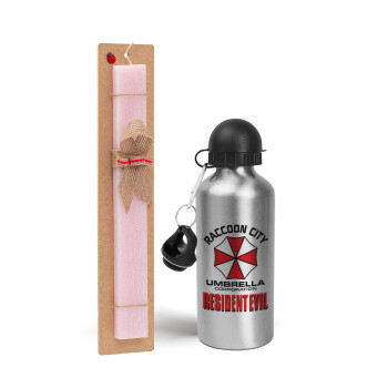 Resident Evil, Easter Set, metallic Silver aluminum water bottle (500ml) & scented flat Easter candle (30cm) (PINK)