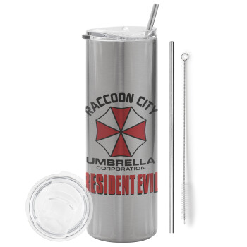 Resident Evil, Eco friendly ποτήρι θερμό Ασημένιο (tumbler) από ανοξείδωτο ατσάλι 600ml, με μεταλλικό καλαμάκι & βούρτσα καθαρισμού