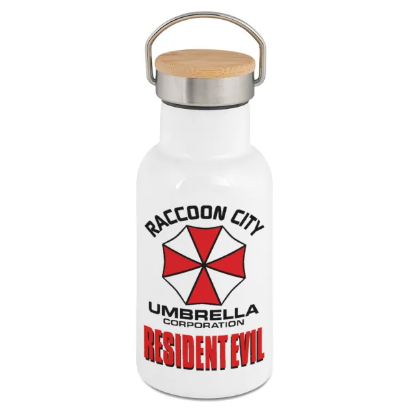 Resident Evil — Metallic thermos (Stainless steel) White with wooden lid (bamboo), double-walled, 350ml