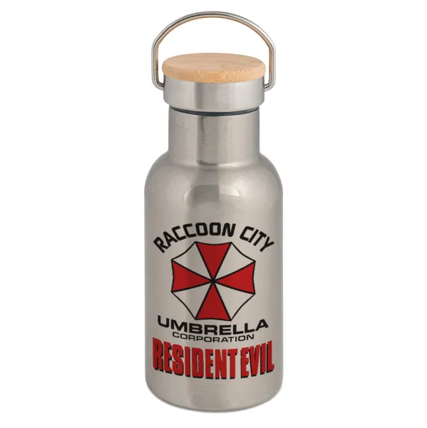 Resident Evil — Stainless steel metallic thermos flask, silver with a bamboo lid, double-walled, 350ml.
