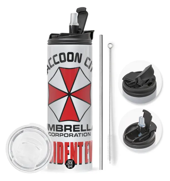 Resident Evil — Travel Tumbler 2 Lids, with metal straw & cleaning brush (Stainless steel 304 Food grade, BPA free, 600ml)