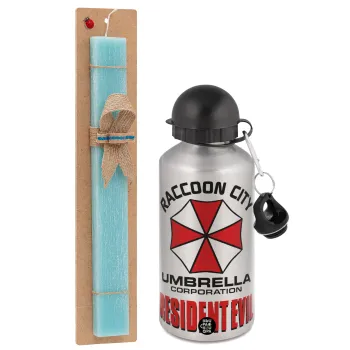 Resident Evil, Easter Set, metallic silver aluminum water bottle (500ml) & scented flat Easter candle (30cm) (TURQUOISE)