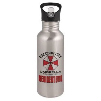 Resident Evil, Παγούρι νερού Ασημένιο με καλαμάκι, ανοξείδωτο ατσάλι 600ml