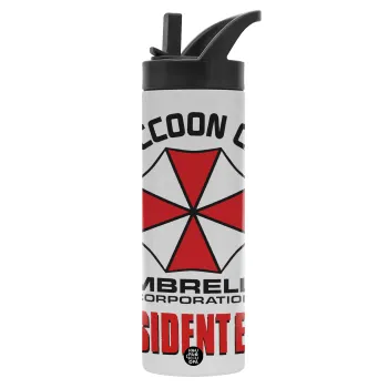 Resident Evil, Μεταλλικό παγούρι θερμός με καλαμάκι & χειρολαβή, ανοξείδωτο ατσάλι (Stainless steel 304), διπλού τοιχώματος, 600ml