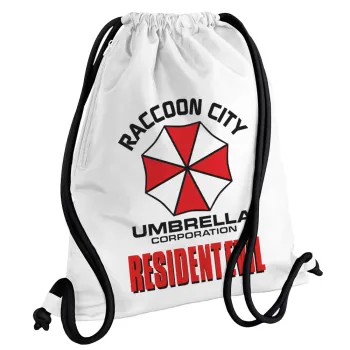 Resident Evil, Τσάντα πλάτης πουγκί GYMBAG λευκή, με τσέπη (40x48cm) & χονδρά κορδόνια