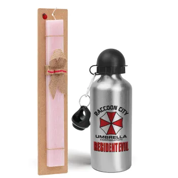 Resident Evil, Easter Set, metallic Silver aluminum water bottle (500ml) & scented flat Easter candle (30cm) (PINK)