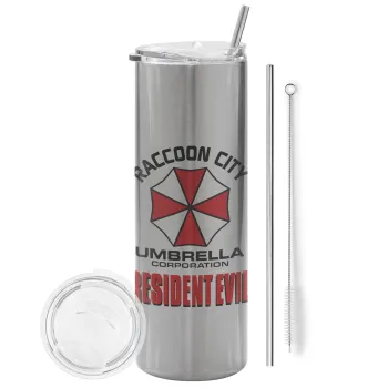 Resident Evil, Tumbler ποτήρι θερμό Ασημένιο από ανοξείδωτο ατσάλι 600ml, με μεταλλικό καλαμάκι & βούρτσα καθαρισμού