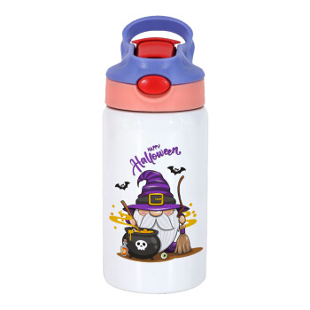 Happy Halloween (Χαλοουίν), Children's hot water bottle, stainless steel, with safety straw, pink/purple (350ml)
