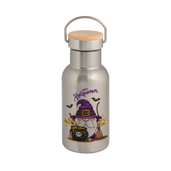 Happy Halloween (Χαλοουίν), Stainless steel metallic thermos flask, silver with a bamboo lid, double-walled, 350ml.