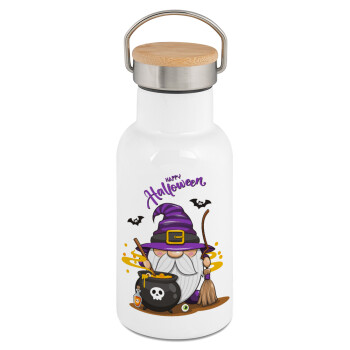 Happy Halloween (Χαλοουίν), Metallic thermos (Stainless steel) White with wooden lid (bamboo), double-walled, 350ml