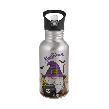 Happy Halloween (Χαλοουίν), Water bottle Silver with straw, stainless steel 500ml