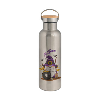Happy Halloween (Χαλοουίν), Stainless steel Silver with wooden lid (bamboo), double wall, 750ml
