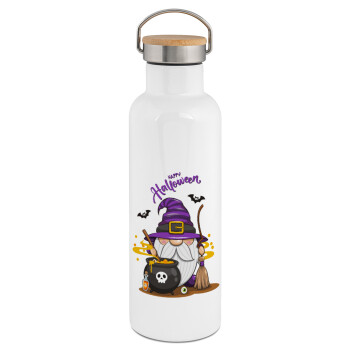 Happy Halloween (Χαλοουίν), Stainless steel White with wooden lid (bamboo), double wall, 750ml