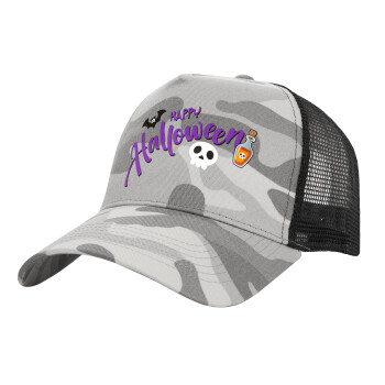 Happy Halloween (Χαλοουίν), Adult Structured Trucker Hat, with Mesh, (Camouflage) Army Camo (100% COTTON, ADULT, UNISEX, ONE SIZE)