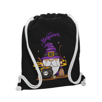 Happy Halloween (Χαλοουίν), Τσάντα πλάτης πουγκί GYMBAG Μαύρη, με τσέπη (40x48cm) & χονδρά λευκά κορδόνια