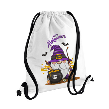 Happy Halloween (Χαλοουίν), Τσάντα πλάτης πουγκί GYMBAG λευκή, με τσέπη (40x48cm) & χονδρά κορδόνια