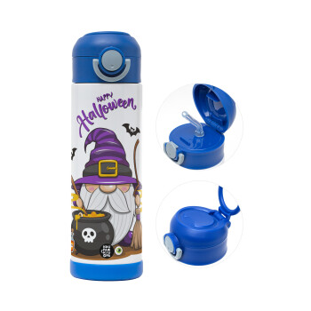 Happy Halloween (Χαλοουίν), Children's hot water bottle, stainless steel, with safety straw, BLUE (500ml)