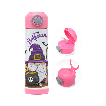 Happy Halloween (Χαλοουίν), Children's hot water bottle, stainless steel, with safety straw, PINK (500ml)