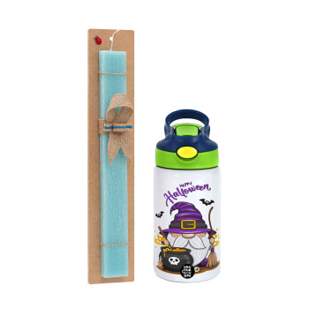 Happy Halloween (Χαλοουίν), Easter Set, Children's thermal stainless steel bottle with safety straw, green/blue (350ml) & aromatic flat Easter candle (30cm) (TURQUOISE)