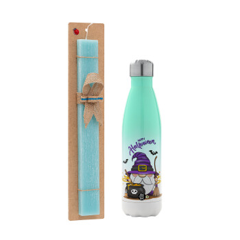 Happy Halloween (Χαλοουίν), Easter Set, Metallic green/white thermos (Stainless steel), double-walled, 500ml & scented flat Easter candle (30cm) (TURQUOISE)