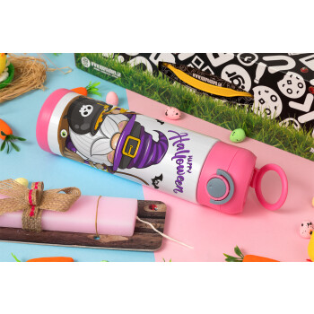 Happy Halloween (Χαλοουίν), Easter candle, Childrens hot water bottle, stainless steel, with safety straw, PINK (500ml)