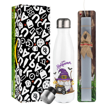 Happy Halloween (Χαλοουίν), Easter candle, metallic white thermos bottle (500ml) & aromatic flat candle (30cm) (GRAY)