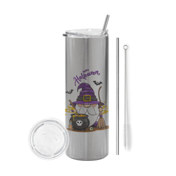 Happy Halloween (Χαλοουίν), Eco friendly stainless steel Silver tumbler 600ml, with metal straw & cleaning brush