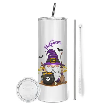 Happy Halloween (Χαλοουίν), Tumbler ποτήρι θερμό από ανοξείδωτο ατσάλι 600ml, με μεταλλικό καλαμάκι & βούρτσα καθαρισμού