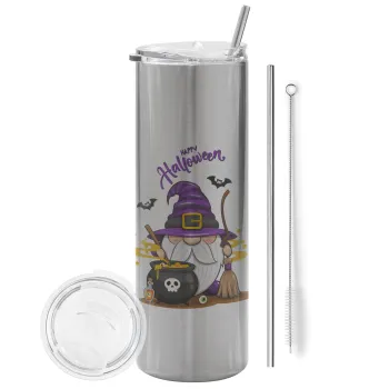 Happy Halloween (Χαλοουίν), Tumbler ποτήρι θερμό Ασημένιο από ανοξείδωτο ατσάλι 600ml, με μεταλλικό καλαμάκι & βούρτσα καθαρισμού