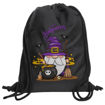 Happy Halloween (Χαλοουίν), Τσάντα πλάτης πουγκί GYMBAG Μαύρη, με τσέπη (40x48cm) & χονδρά κορδόνια