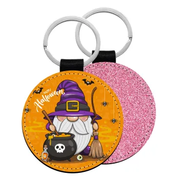 Happy Halloween (Χαλοουίν), Μπρελόκ Δερματίνη, στρογγυλό ΡΟΖ (5cm)