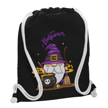 Happy Halloween (Χαλοουίν), Τσάντα πλάτης πουγκί GYMBAG Μαύρη, με τσέπη (40x48cm) & χονδρά λευκά κορδόνια