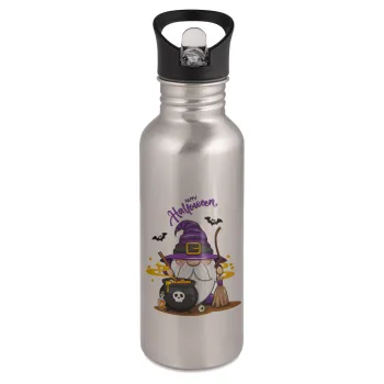 Happy Halloween (Χαλοουίν), Water bottle Silver with straw, stainless steel 600ml