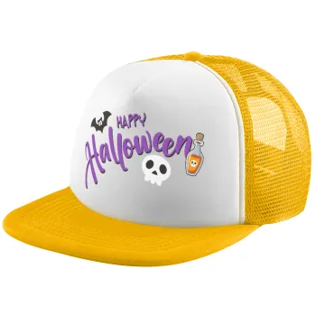 Happy Halloween (Χαλοουίν), Adult Soft Trucker Hat with Yellow/White Mesh (POLYESTER, ADULT, UNISEX, ONE SIZE)
