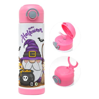 Happy Halloween (Χαλοουίν), Παιδικό παγούρι θερμό, ανοξείδωτο, με καλαμάκι ασφαλείας, ΡΟΖ (500ml)