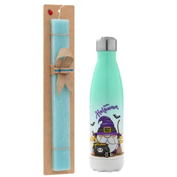 Happy Halloween (Χαλοουίν), Easter Set, Metallic green/white thermos (Stainless steel), double-walled, 500ml & scented flat Easter candle (30cm) (TURQUOISE)