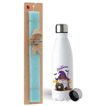 Happy Halloween (Χαλοουίν), Easter Set, metallic stainless steel water bottle (750ml) & aromatic flat Easter candle (30cm) (TURQUOISE)