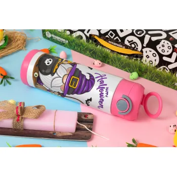 Happy Halloween (Χαλοουίν), Πασχαλινή Λαμπάδα με Παιδικό παγούρι θερμό, ανοξείδωτο, με καλαμάκι ασφαλείας, ΡΟΖ (500ml)