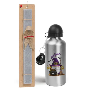 Happy Halloween (Χαλοουίν), Easter Set, metallic silver aluminum water bottle (500ml) & aromatic flat Easter candle (30cm) (GRAY)