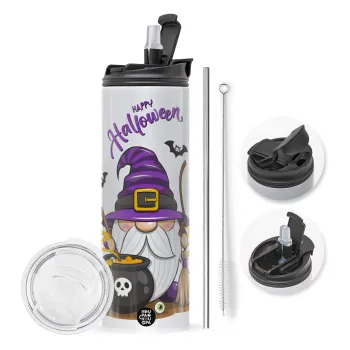 Happy Halloween (Χαλοουίν), Travel Tumbler θερμό με διπλό καπάκι, μεταλλικό καλαμάκι και βούρτσα καθαρισμού (Ανωξείδωτο 304 Food grade, BPA free, 600ml)