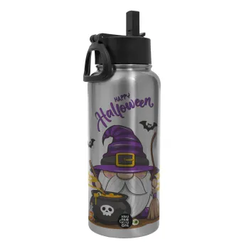 Happy Halloween (Χαλοουίν), Μεταλλικό παγούρι θερμός Silver με καλαμάκι και χερούλι (Stainless steel), διπλού τοιχώματος, 950ml