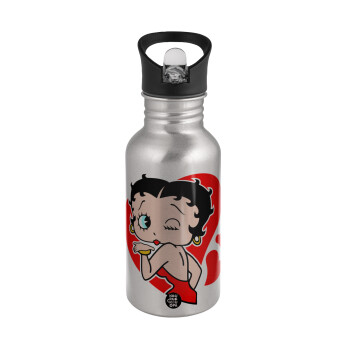 Betty Boop, Water bottle Silver with straw, stainless steel 500ml