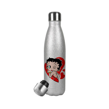 Betty Boop, Μεταλλικό παγούρι θερμός Glitter Aσημένιο (Stainless steel), διπλού τοιχώματος, 500ml