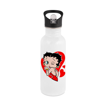 Betty Boop, White water bottle with straw, stainless steel 600ml