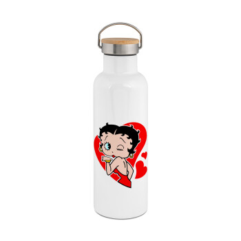 Betty Boop, Stainless steel White with wooden lid (bamboo), double wall, 750ml