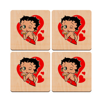 Betty Boop, ΣΕΤ x4 Σουβέρ ξύλινα τετράγωνα plywood (9cm)