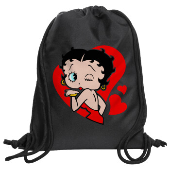 Betty Boop, Τσάντα πλάτης πουγκί GYMBAG Μαύρη, με τσέπη (40x48cm) & χονδρά κορδόνια