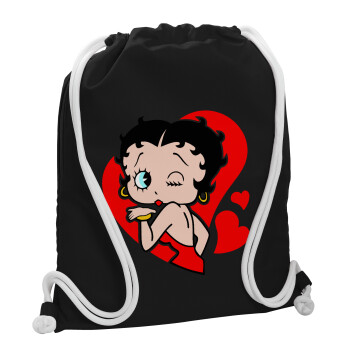 Betty Boop, Τσάντα πλάτης πουγκί GYMBAG Μαύρη, με τσέπη (40x48cm) & χονδρά λευκά κορδόνια