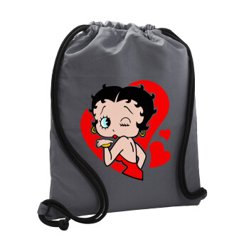Betty Boop, Backpack pouch GYMBAG GREY, with pocket (40x48cm) & thick cords