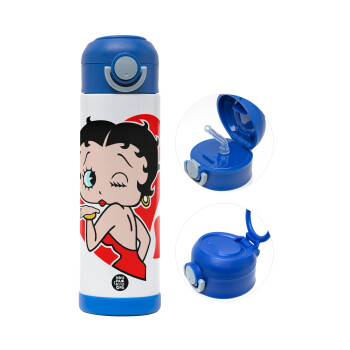 Betty Boop, Παιδικό παγούρι θερμό, ανοξείδωτο, με καλαμάκι ασφαλείας, ΜΠΛΕ (500ml)